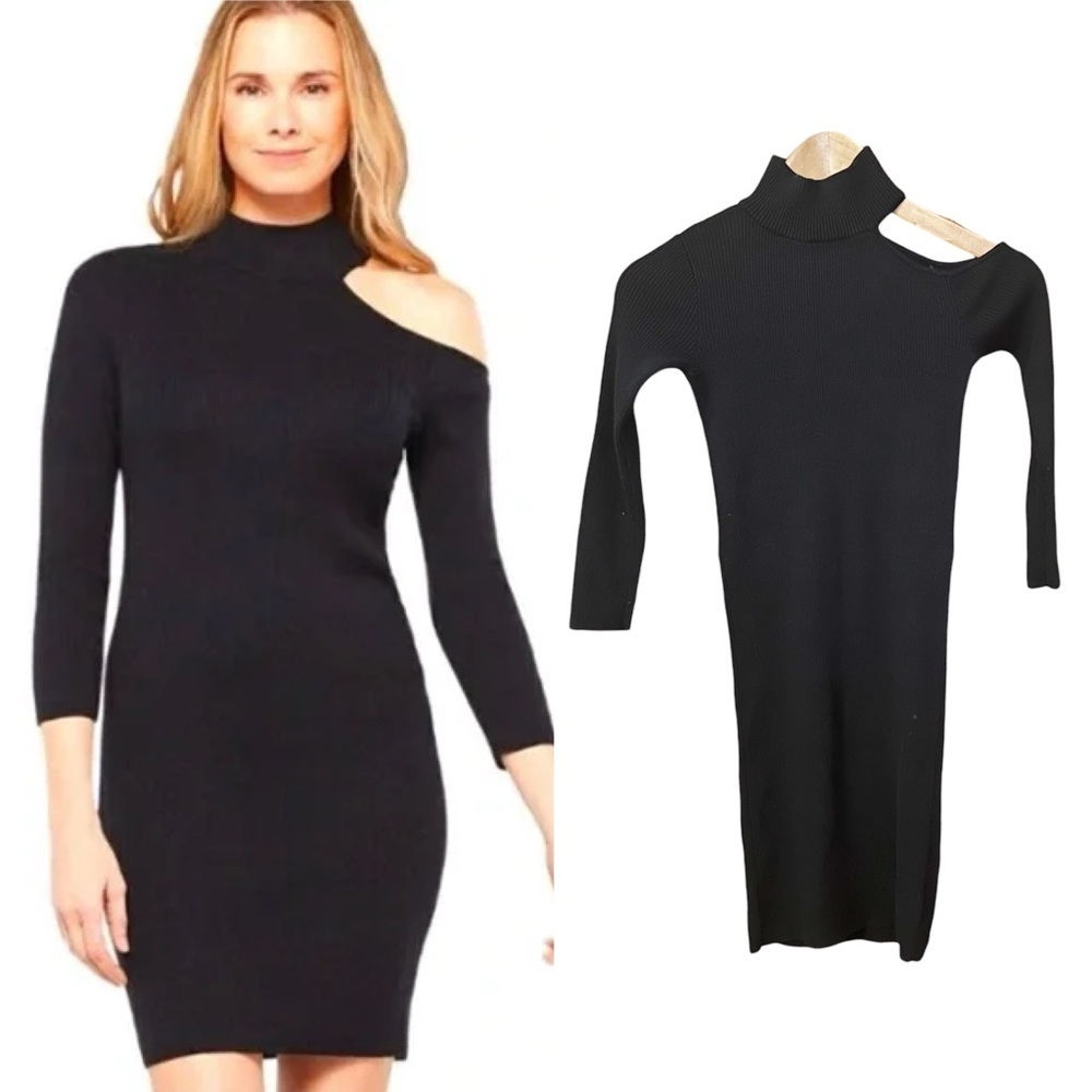 Sanctuary Dress XS Black Cut It Out Mock Neck One Shoulder Ribbed Bodycon